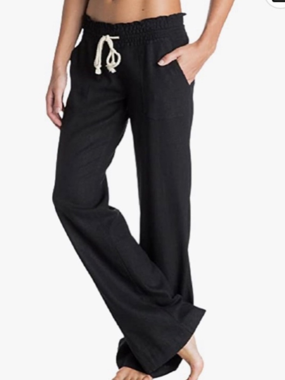 Roxy Oceanside Pants Womens XS Linen Cotton Drawstring Black Flare leg Low rise